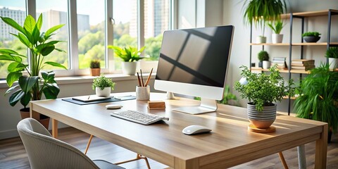 Fototapeta premium Elegant Computer in a Modern Workspace: A Fusion of Technology and Design