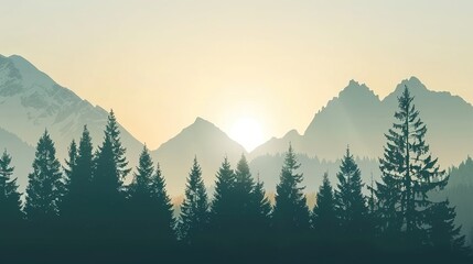 Fototapeta premium Realistic mountains landscape. Morning wood panorama, pine trees and mountains silhouettes. Vector forest hiking background