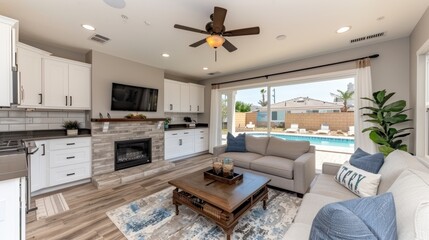 Spacious modern living room featuring a cozy fireplace and a scenic view of a backyard pool through large patio doors, perfect for family relaxation