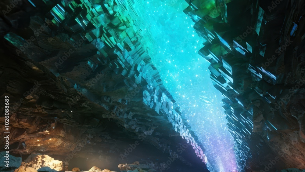 Poster a vibrant cave scene illuminated by colorful light, creating a mystical atmosphere.