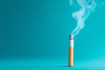 Lit cigarette releasing smoke in a minimalist setting with a bright blue background
