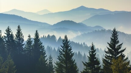Realistic mountains landscape. Morning wood panorama, pine trees and mountains silhouettes. Vector forest hiking background
