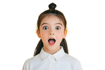 Photo of cute schoolgirl open mouth empty space wear uniform isolated on yellow color background