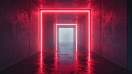 A long, dark, concrete hallway with red neon lights lining the walls, a bright light at the end of the hallway.