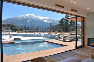 Fototapeta premium A breathtaking view from a luxurious, modern living space featuring a serene, partially frozen landscape with snow-draped mountains and a tranquil swimming pool