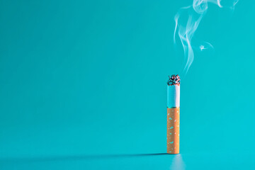 A cigarette standing upright on a blue background with smoke rising and casting a shadow on the surface
