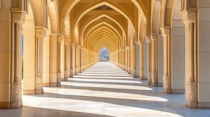 Obraz premium A long, symmetrical walkway with arches and pillars leading to a distant view of mountains, the sunlight creates long shadows on the floor.