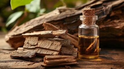 Fresh Arjuna Tree Bark and Essential Oil Bottle
