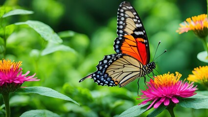 Fototapeta premium A vibrant butterfly perched on colorful flowers in a lush garden setting.