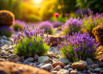 Obraz premium Enchanting Lavender Rock Garden in Tilt-Shift Perspective for Serene Landscape Imagery