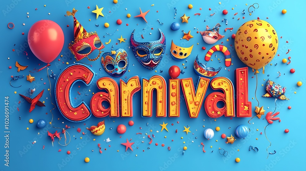 Poster Dynamic carnival poster featuring word Carnival in large multicolored letters with festive patterns accompanied by colorful balloons masks and swirls on a vibrant background