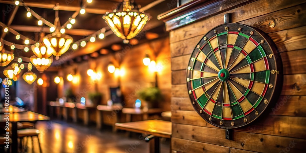 Poster engaging darts game scene with target and dartboard for competitive sports enthusiasts