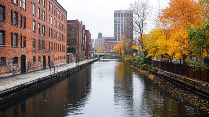 Fototapeta premium Autumn Reflection in Urban Canal Landscape