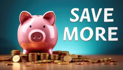 Piggy bank with coins and the phrase, 'Save More', isolated.