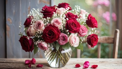 A vibrant bouquet of red and pink roses arranged in a glass vase on a wooden table.
