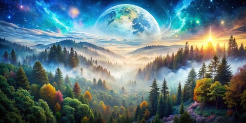 Obraz premium Ethereal Double Exposure of DMT Experience with Psychedelic Patterns and Nature Elements