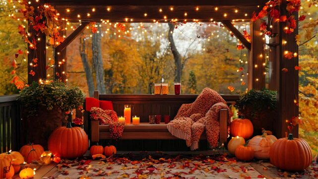 A porch with a wooden deck and a pumpkin patch