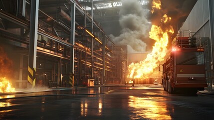 A firefighter stands in front of a burning building. The scene is intense and dangerous, with the firefighter wearing a yellow helmet and a red jacket. The fire is raging