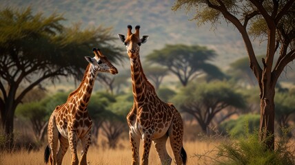 Obraz premium Two giraffes stand in a grassy savanna, their long necks reaching towards the trees in the background.