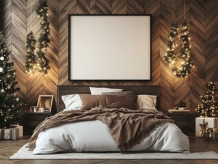A mockup of canvas art, hanging on the wall in a bed room in christmas time, christmas decorate, The frame is black wooden, the painting is empty, with no text, no letters, no words.