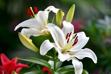 Fototapeta premium Stunning white lilies with vibrant red anthers in a lush garden setting.