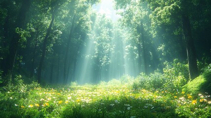 Obraz premium Sunlight Filtering Through Lush Green Forest Canopy