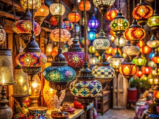Fototapeta premium Exquisite Turkish Lamps Illuminating a Vibrant Market Scene for Home Decor Inspiration