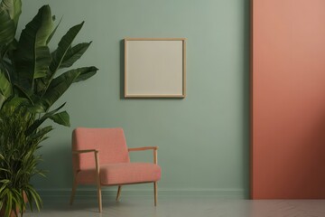 A mock-up ROOM with a small 9 inch by an 11 inch empty picture frame hanging up while using the color scheme of Cosmic Latte, Light Coral, Indian Red, Slate Gray, and Verdigris