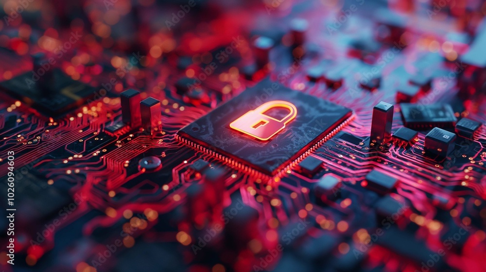 Poster cybersecurity concept with lock icon on circuit board