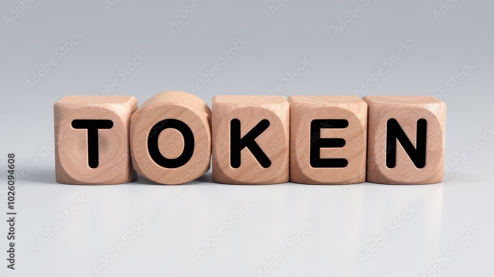 Poster arrangement of wooden cube blocks spelling out the word token on a neutral gray background represent