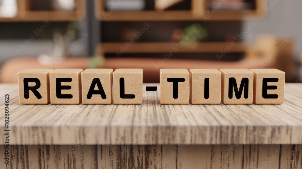 Aufkleber wooden blocks spelling out the text real time on a rustic wooden tabletop representing the concept o