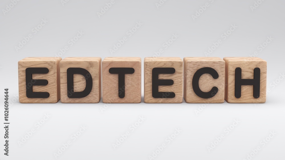 Poster edtech concept represented by wooden cubes with letters spelling out edtech on a plain background sy