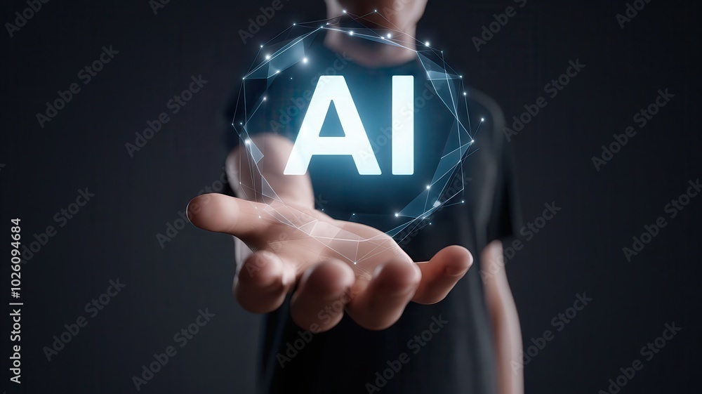 Poster glowing intelligence symbol floating in outstretched human hand representing the cutting edge of tec