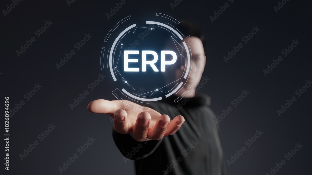 Poster innovative enterprise resource planning erp software interface displayed through a futuristic hologr