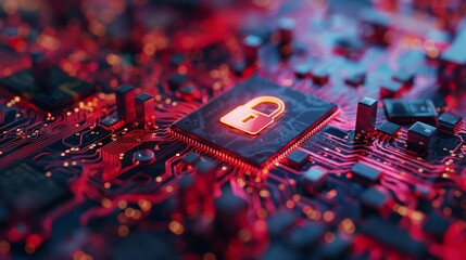 Fototapeta premium Cybersecurity Concept with Lock Icon on Circuit Board