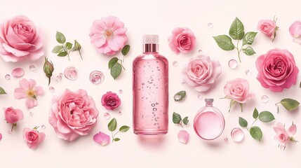Pink Floral Design with Skincare Product and Roses