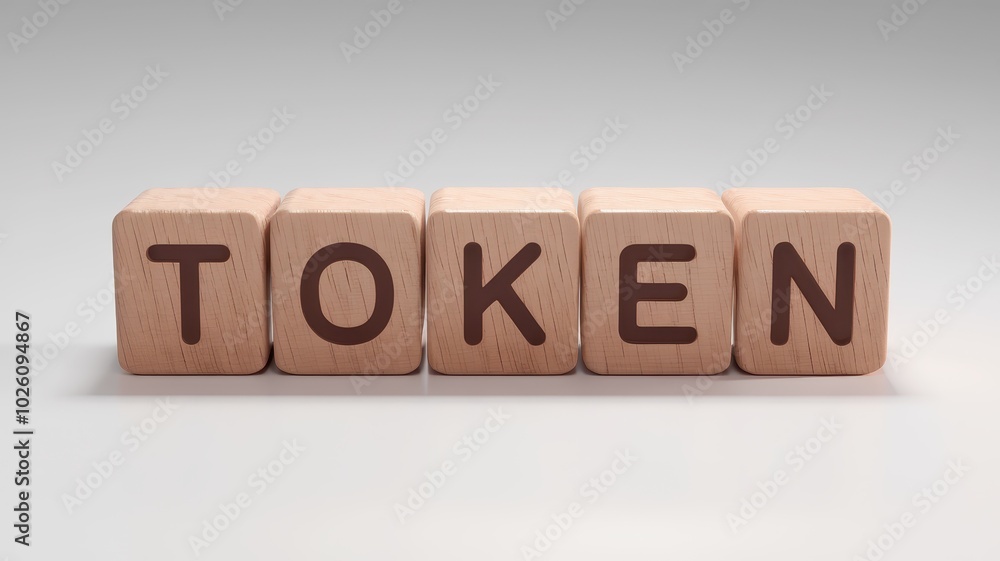 Poster wooden blocks arranged to form the word token symbolizing the concepts of blockchain technology digi