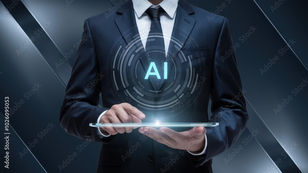 Aufkleber ai concept,businessman holding digital hologram interface showing intelligence technology and smart 