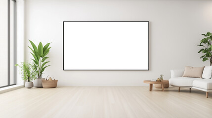 Minimalist home room with a large screen and clean decor, empty wall space for advertising or product placement.