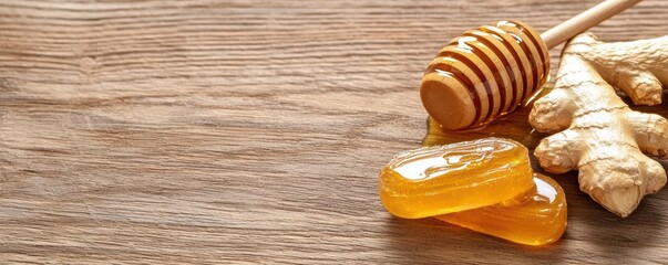 Honey drizzled on ginger slice and candy on wooden table, natural sweetness and healthy ingredients.