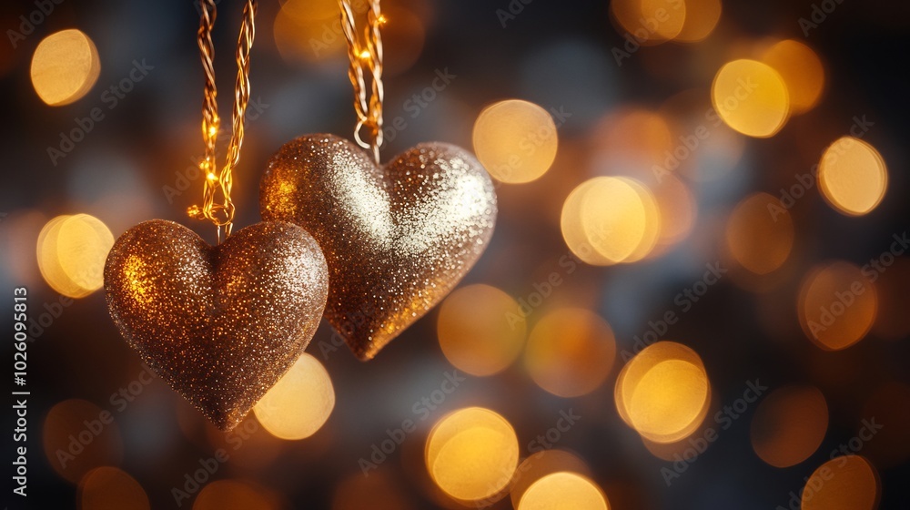 Poster golden hearts hanging delicately a string with shimmering gold bokeh lights in the background a fest