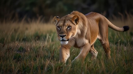 Obraz premium A majestic lioness with a powerful gaze stalks through tall grass in the African savanna.