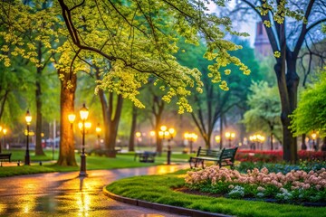 Fototapeta premium First Greens in City Park: Low Light Photography of Spring Awakening