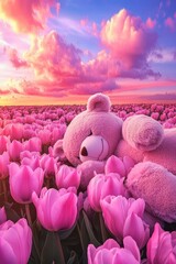 Obraz premium a large field of pink tulips, a giant plush toy bear sleeping on top of it, sky with pink and purple clouds, dreamy, surreal, beautiful