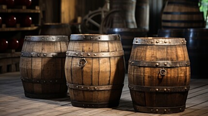 Fototapeta premium Vintage Ch m: Antique Wooden Wine Storage B rels in Aspect Ratio