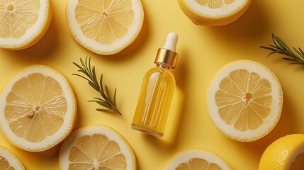 Fresh Lemon Slices with Vitamin Serum on Bright Surface