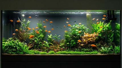 Naklejka premium A stylish interior aquarium tank in a modern home, showcasing colorful fish and aquatic plants, with ample copy space for promotional text or branding.