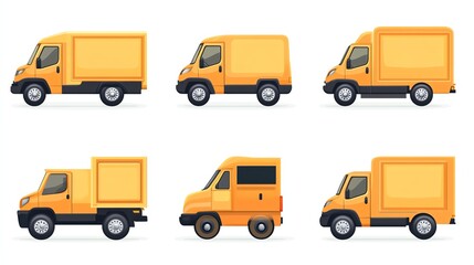 Yellow Delivery Truck Set Side View Illustration Isolated on White Background