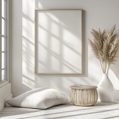 (mockup of a frame), white background inside the frame, no picture inside, minimalist interior,