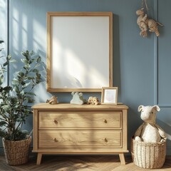 Mock up frame in children room with natural wooden furniture, 3D render